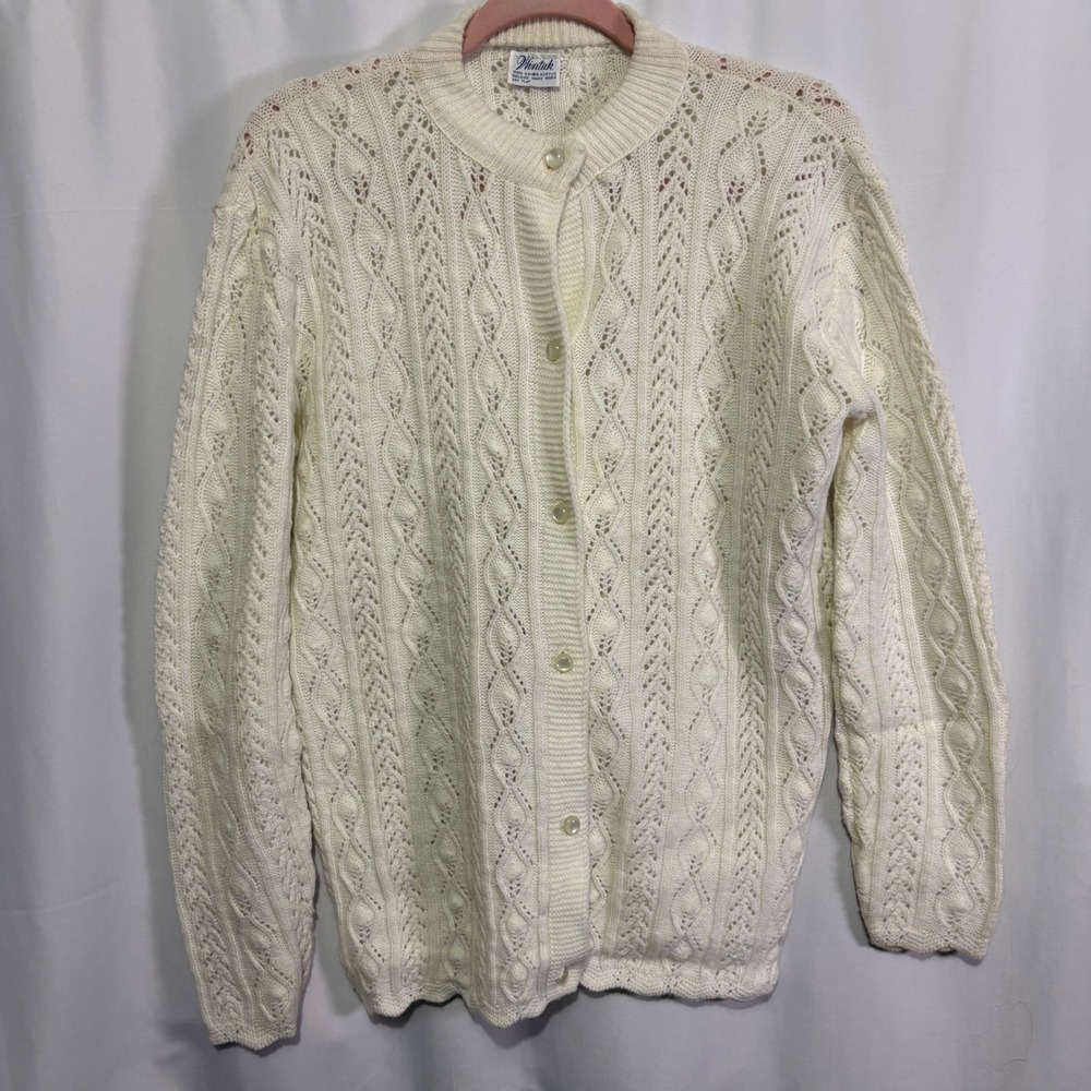 Vintage Wintuk Cream Pointelle Knit Cardigan Sweater L/XL Cottage Coquette Retro